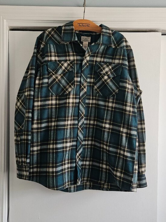 L.L. Bean Other - L.L. Bean Teal Snap Buttons Plaid Flannel Large Shirt
